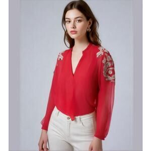 AUTHENTIC IDOL Red Sheer Silver Embellished Long Sleeves V-Neck Top Blouse M